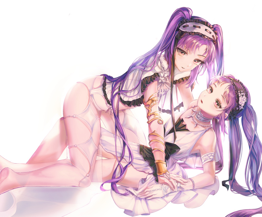 2girls, absurdres, armlet, bangs, dress, ei_(tndusdldu), euryale, fate/grand_order, fate_(series), frilled_hairband, frills, hairband, headdress, highres, jewelry, legs, lolita_fashion, lolita_hairband, long_hair, looking_at_viewer, multiple_girls, parted_lips, purple_hair, revealing_clothes, siblings, simple_background, sisters, stheno, thighs, twins, twintails, very_long_hair, violet_eyes, white_background, white_dress
