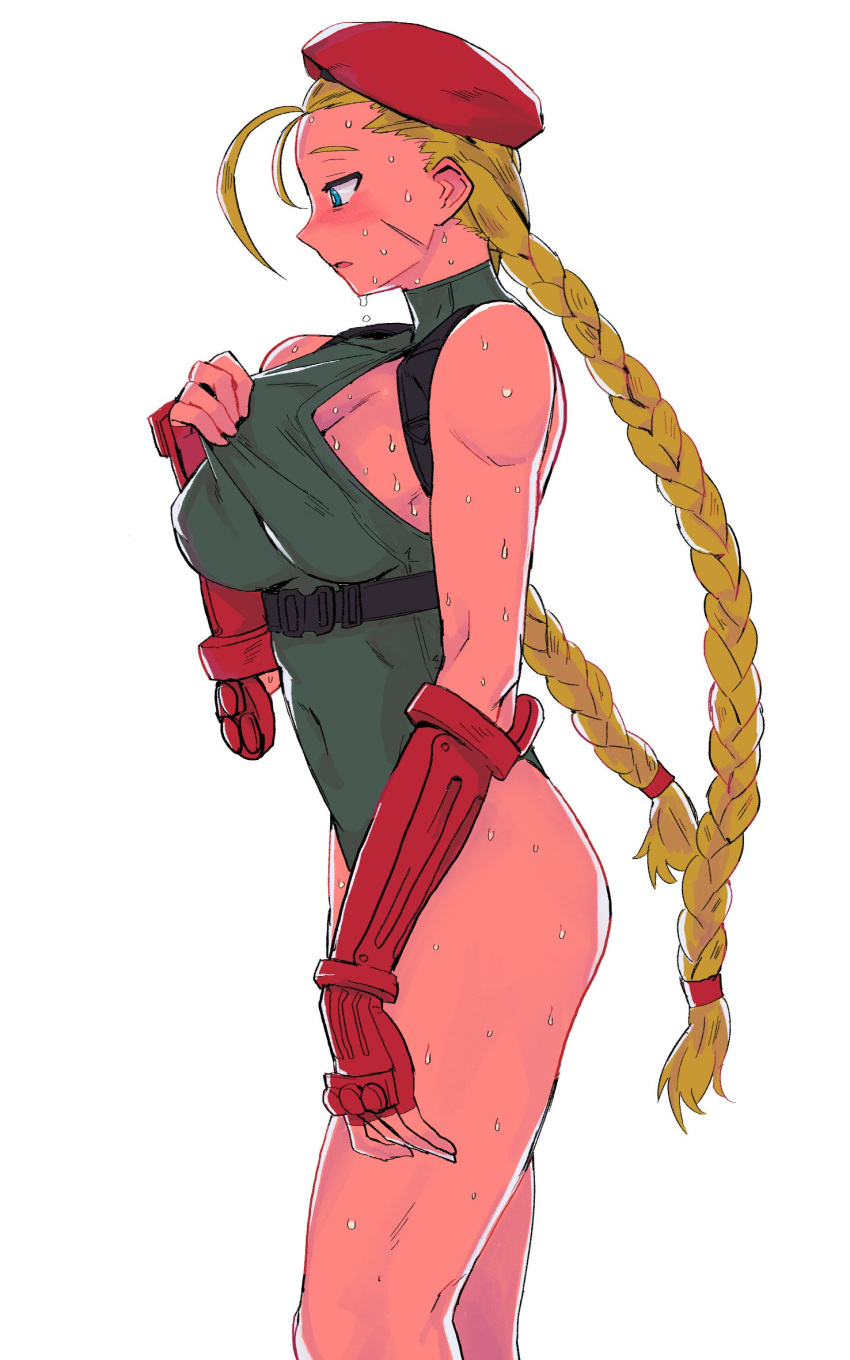 1girl, ahoge, antenna_hair, bare_shoulders, blue_eyes, braid, buckle, cammy_white