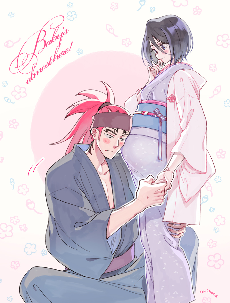 1boy, 1girl, abarai_renji, artist_name, black_eyes, black_hair, bleach, hand_holding, husband_and_wife, indian_style, japanese_clothes, kimono, kuchiki_rukia, light_blush, long_hair, obi, okihana, ponytail, pregnant, redhead, sash, short_hair, sitting, standing, tattoo, violet_eyes