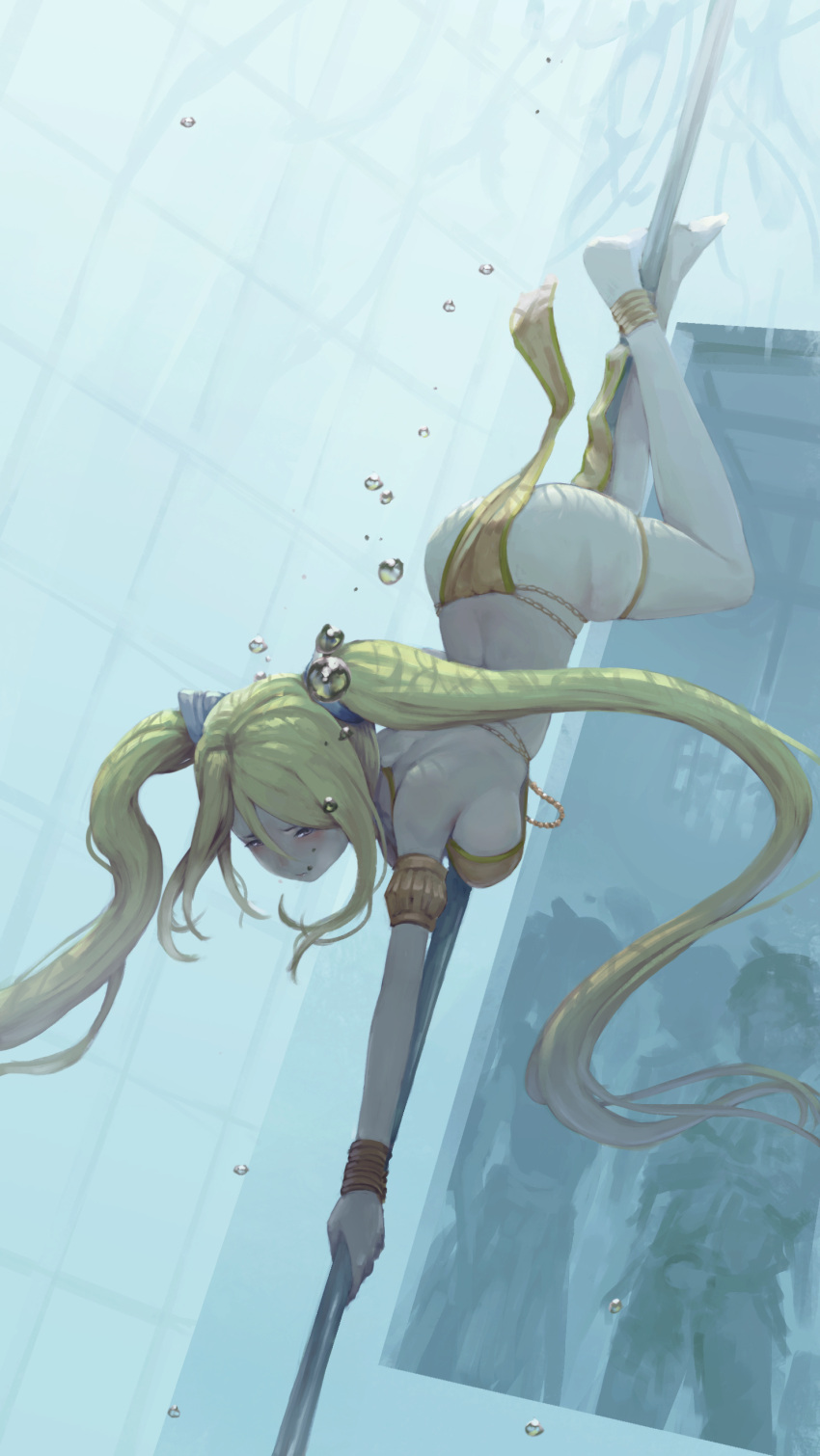1girl, absurdres, air_bubble, alternate_costume, ass, bare_arms, bare_legs, bare_shoulders