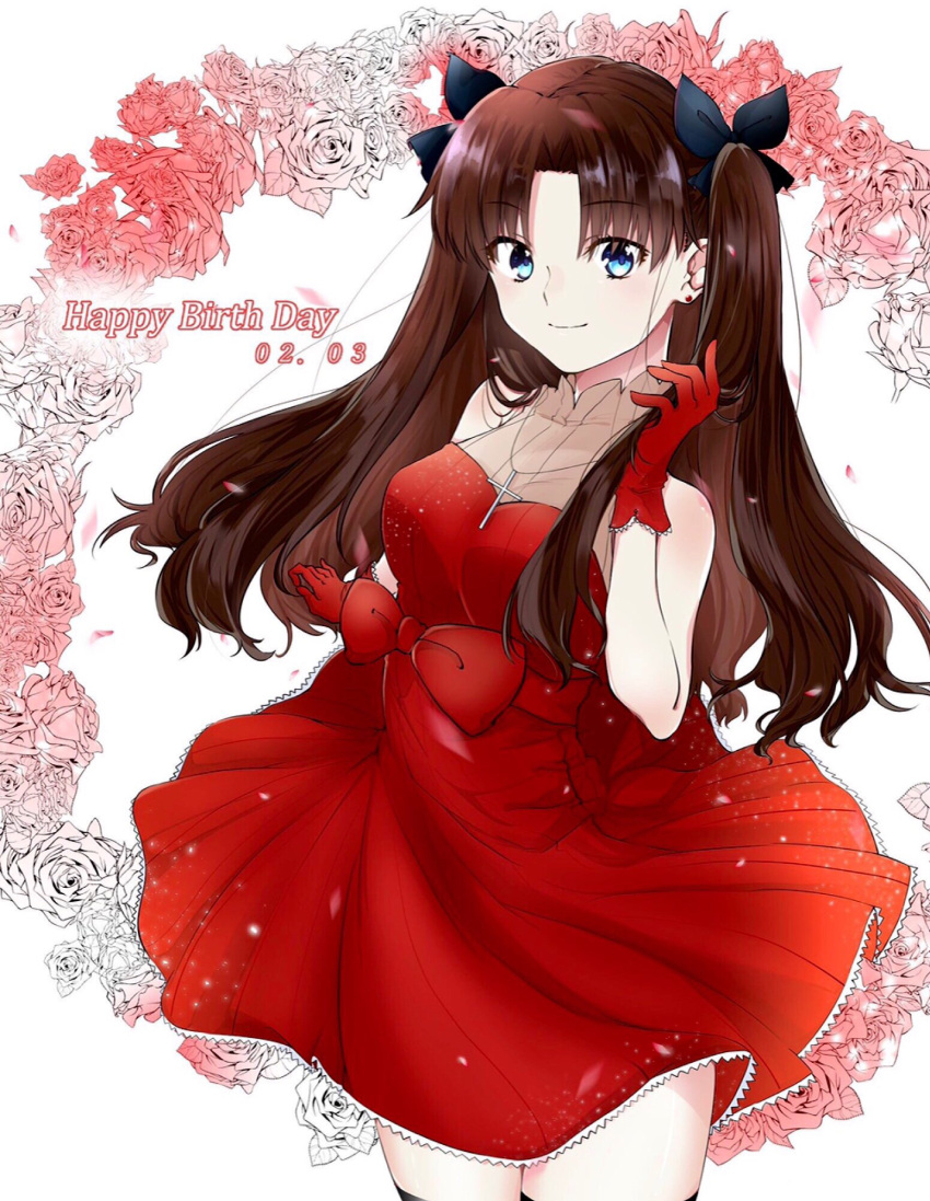 1girl, black_bow, black_legwear, blue_eyes, bow, brown_hair, cowboy_shot, dress, earrings, eyebrows_visible_through_hair, fate/stay_night, fate_(series), floating_hair, frilled_dress, frills, fuji_(pixiv17518157), gloves, hair_bow, happy_birthday, highres, holding, holding_hair, jewelry, long_hair, looking_at_viewer, pleated_dress, red_bow, red_dress, red_gloves, shiny, shiny_hair, short_dress, sleeveless, sleeveless_dress, smile, solo, standing, thigh-highs, tohsaka_rin, white_background, zettai_ryouiki