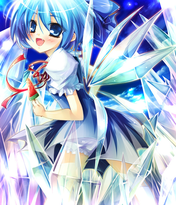 blue_eyes, blue_hair, cirno, fang, ice, kagetsu_kei, popsicle, short_hair
