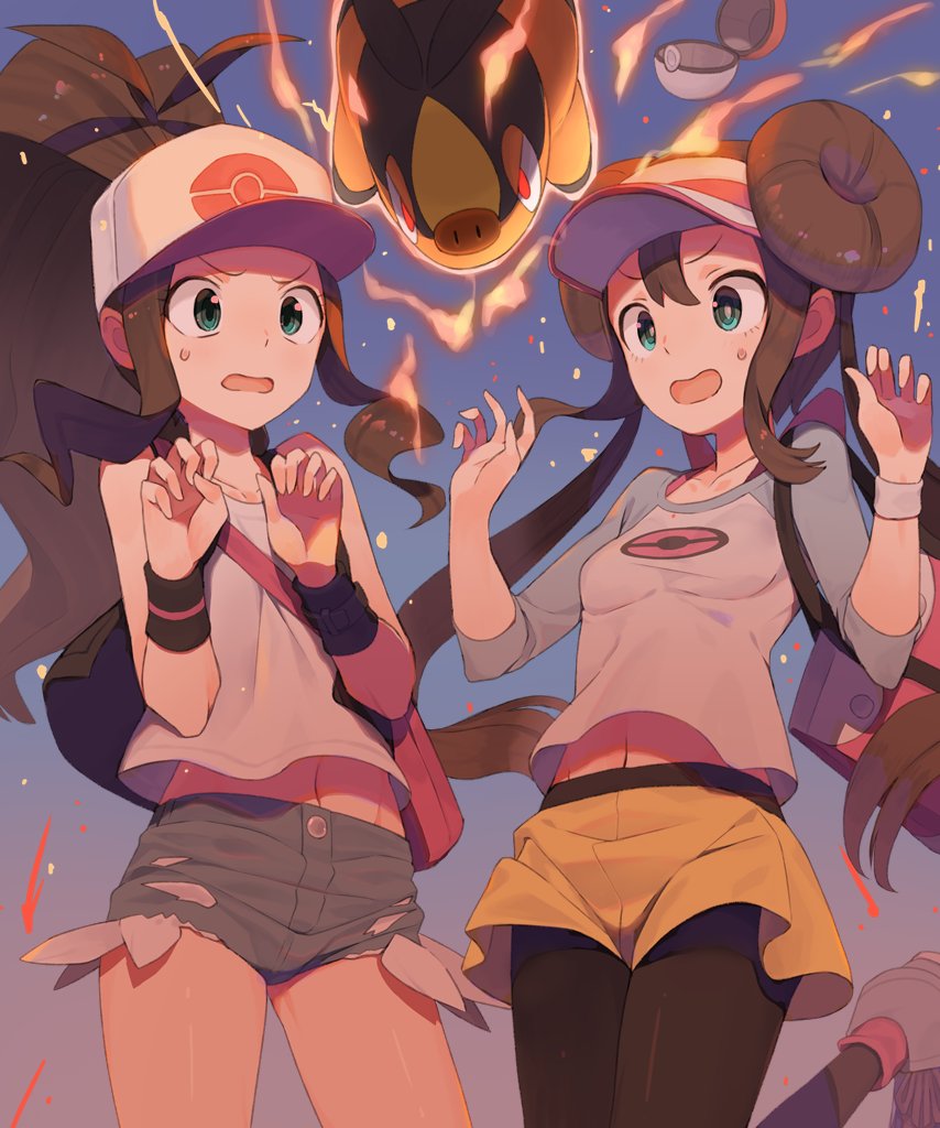 2girls, bag, baseball_cap, black_legwear, black_vest, brown_hair, creatures_(company), curly_hair
