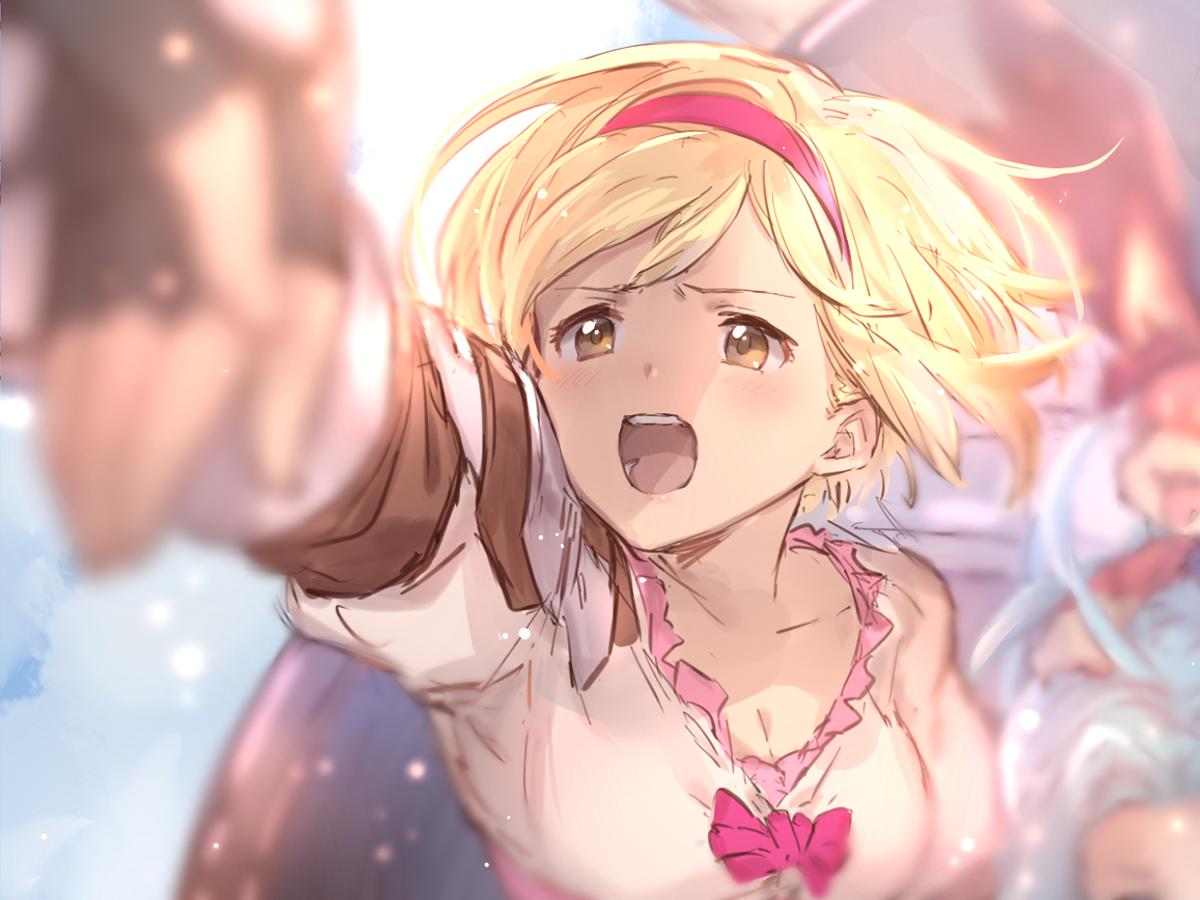blonde_hair, brown_eyes, djeeta_(granblue_fantasy), gauntlets, granblue_fantasy, hairband, hand_holding, lyria_(granblue_fantasy), mire_eeeei, open_mouth, out_of_frame, outstretched_hand, pink_hairband, puffy_short_sleeves, puffy_sleeves, sandalphon_(granblue_fantasy), short_hair, short_sleeves, vee_(granblue_fantasy)