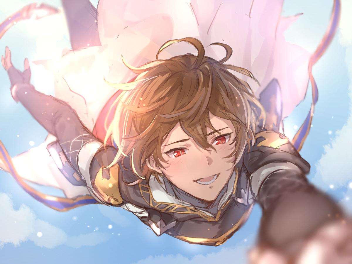 1boy, armor, brown_hair, djeeta_(granblue_fantasy), fingerless_gloves, gloves, granblue_fantasy, hand_holding