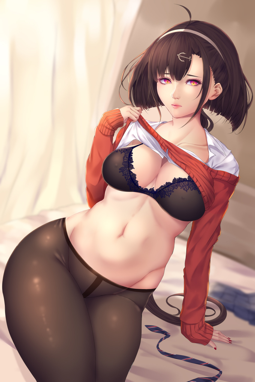 1girl, ahoge, alternate_costume, anchor_hair_ornament, arm_support, azur_lane, bangs, black_bra, blurry, blurry_background, blush, bra, breasts, brown_legwear, cardigan_lift, cleavage, closed_mouth, earrings, erect_nipples, groin, hair_ornament, hairband, highres, independence_(azur_lane), indoors, jewelry, lace, lace-trimmed_bra, large_breasts, lifted_by_self, lingerie, long_hair, looking_at_viewer, navel, on_bed, pantyhose, pink_lips, pleated_skirt, red_eyes, shiro_usagi, shirt_lift, sidelocks, sitting, skirt, skirt_removed, slit_pupils, solo, stomach, underwear