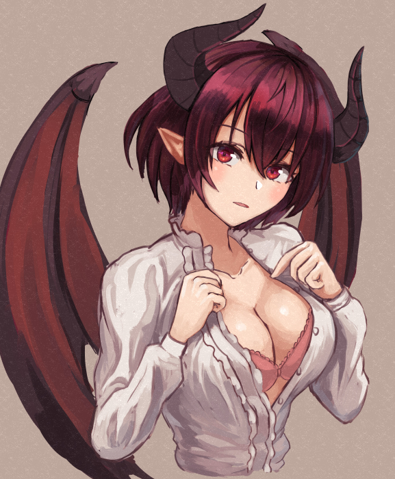 1girl, blush, bra, breasts, cleavage, collarbone, commentary_request, dragon_girl, dragon_horns, dragon_wings, granblue_fantasy, grea_(shingeki_no_bahamut), head_tilt, horns, looking_at_viewer, manaria_friends, moppo, pink_bra, pointy_ears, purple_hair, shirt, short_hair, solo, underwear, undressing, upper_body, violet_eyes, white_shirt, wings