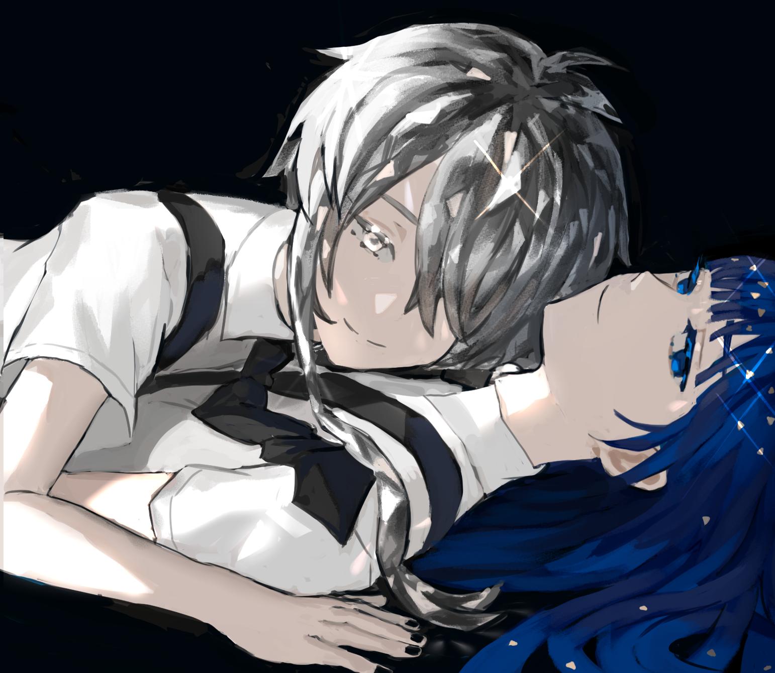 2others, androgynous, blue_eyes, blue_hair, colored_eyelashes, crystal_hair, dark_background, gem_uniform_(houseki_no_kuni)