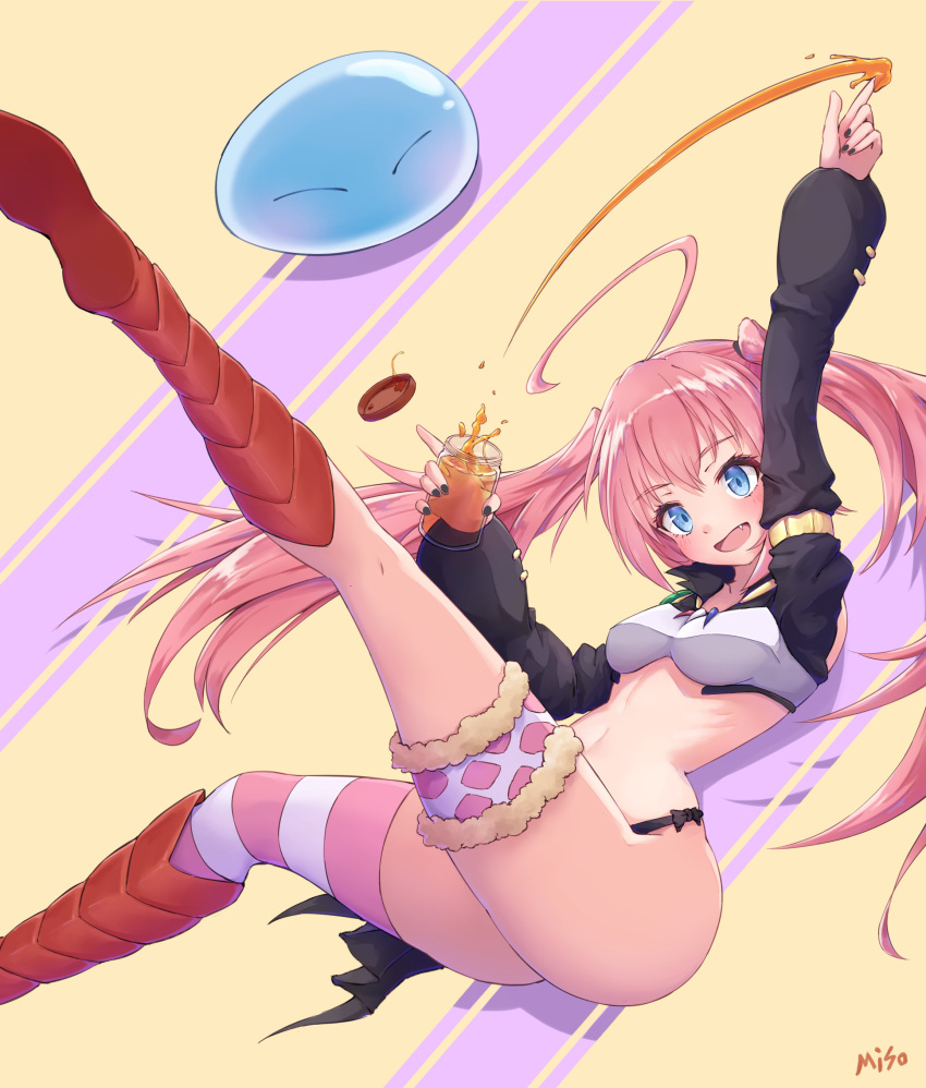 1girl, absurdres, ahoge, arm_up, artist_name, b7669726, black_nails, blush