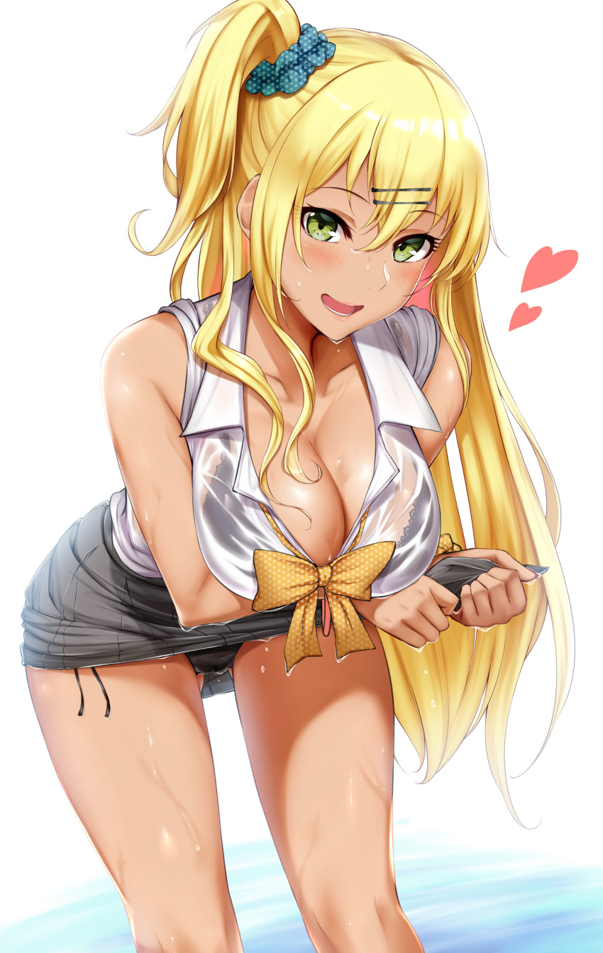 1girl, :d, absurdres, black_bra, black_panties, blonde_hair, blush, bra