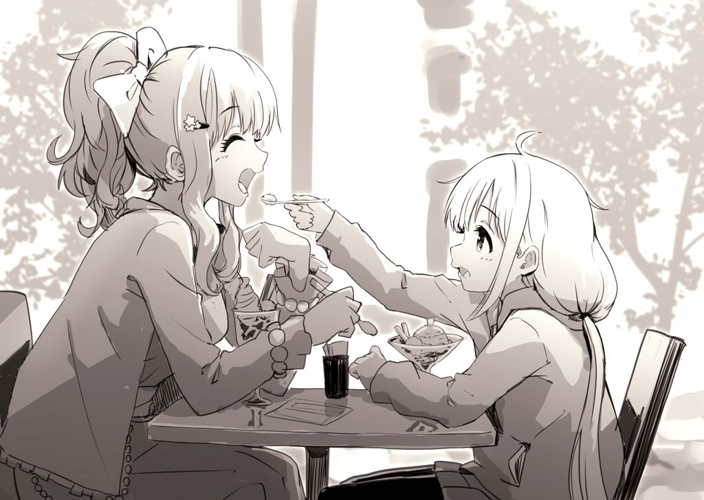 2girls, ahoge, eating, feeding, food, futaba_anzu, greatpengh, hair_ornament