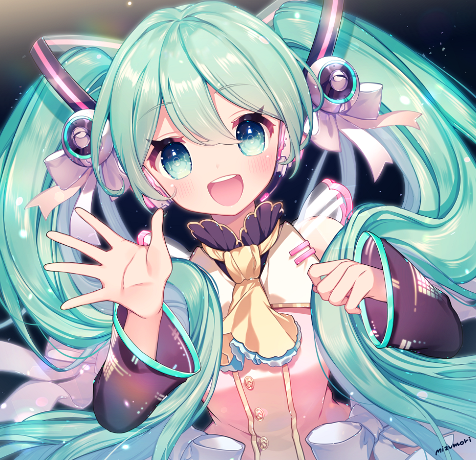 1girl, :d, aqua_eyes, aqua_hair, artist_name, bangs, blush, clenched_hand