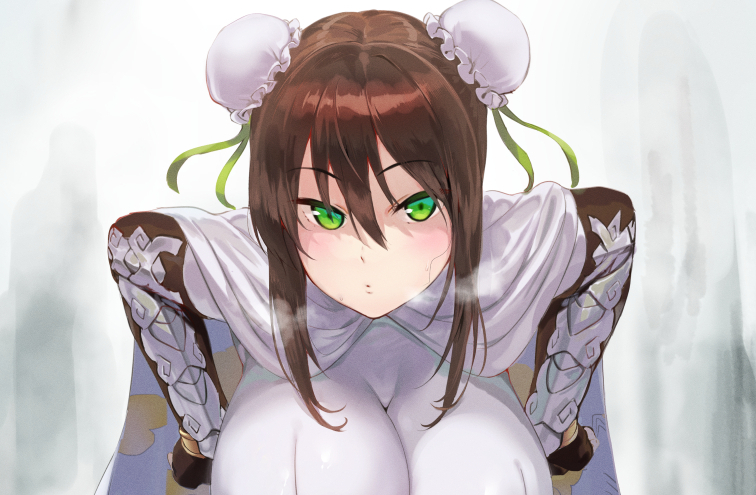 1girl, arm_guards, bangs, black_gloves, black_hair, bodysuit, breasts, bun_cover