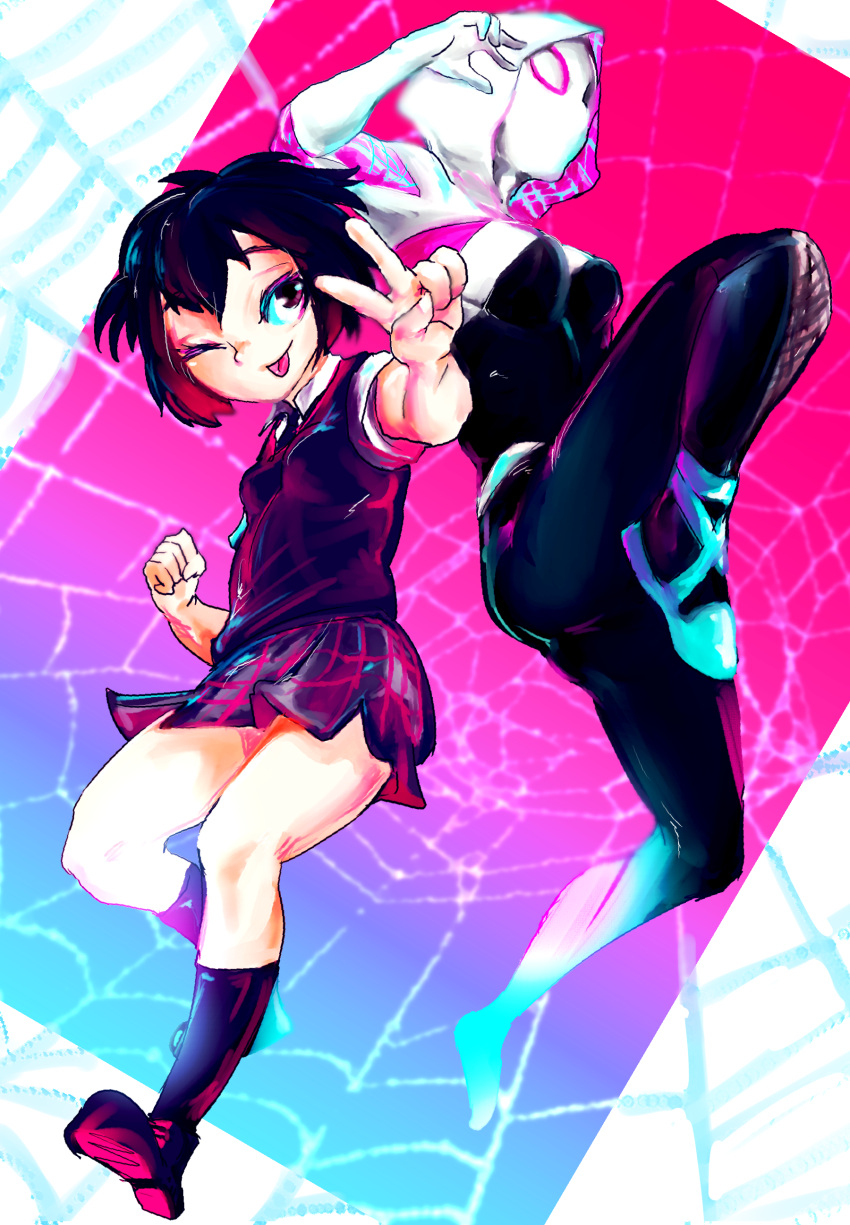 2girls, ;p, absurdres, back-to-back, ballet_slippers, black_hair, bodysuit, breasts, brown_eyes, erootiroo, full_body, gwen_stacy, highres, jumping, loafers, marvel, mask, medium_breasts, multiple_girls, one_eye_closed, panties, pantyshot, peni_parker, pink_panties, plaid, plaid_skirt, pleated_skirt, school_uniform, shoes, short_hair, silk, skin_tight, skirt, smile, socks, spider-gwen, spider-man:_into_the_spider-verse, spider-man_(series), spider_web, spider_web_print, superhero, sweater_vest, tongue, tongue_out, underwear, v