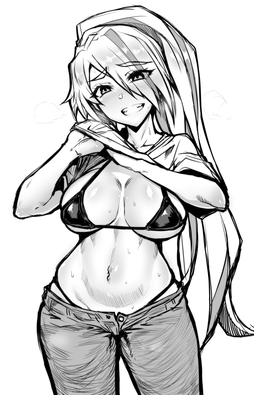 1girl, absurdres, bikini_top, blush, breasts, cleavage, denim, gggg, greyscale, grin, highres, jeans, lifted_by_self, looking_at_viewer, monochrome, navel, nikaidou_saki, pants, shirt_lift, side_ponytail, simple_background, smile, solo, sweat, thick_eyebrows, white_background, zombie_land_saga