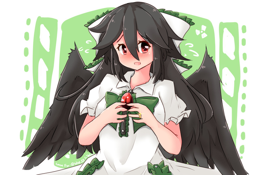 1girl, absurdres, alternate_costume, black_hair, blush, bow, debaa, fidgeting