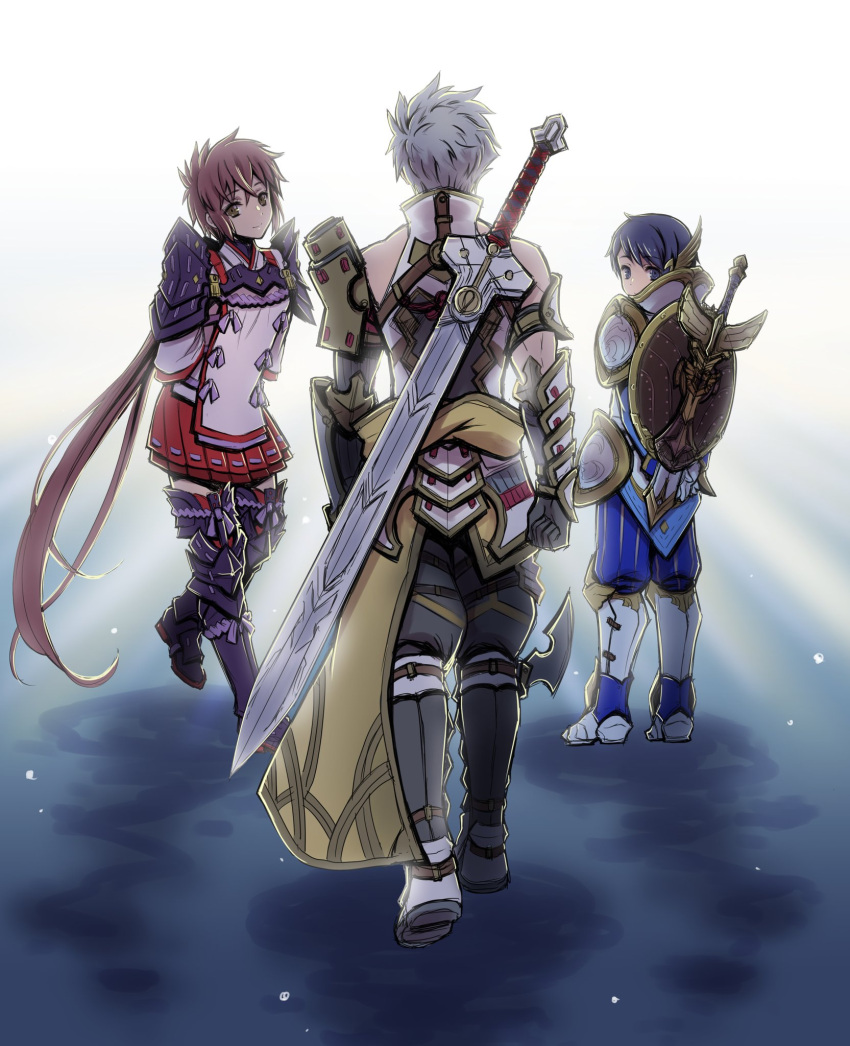 1girl, 2boys, adel_orudou, armor, bangs, blush, gloves, highres