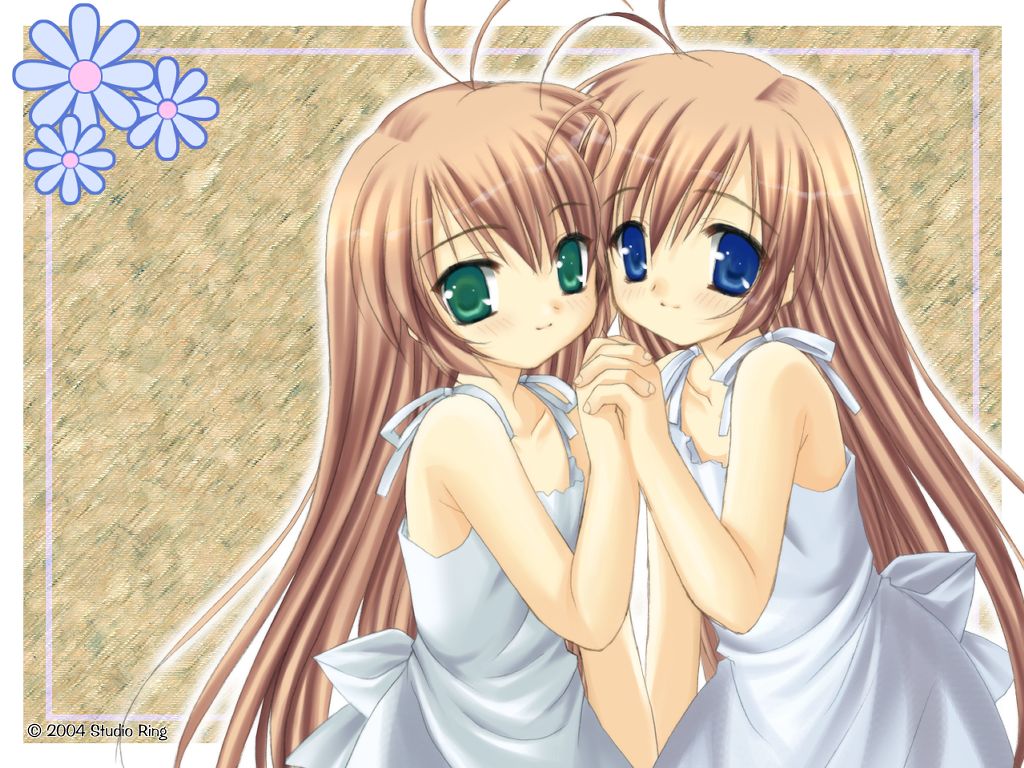 1024x768, antenna_hair, blue_eyes, blush, brown_hair, dress, green_eyes, hajimete_no_orusuban