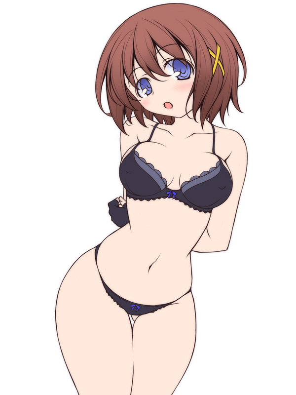 1girl, :o, arm_grab, arms_behind_back, bangs, black_bra, black_gloves, blue_eyes