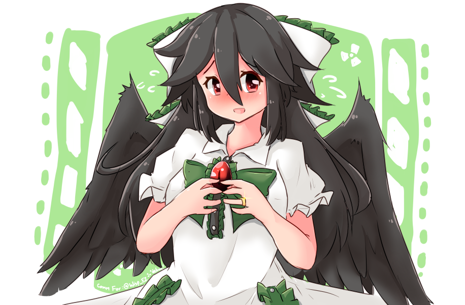 1girl, alternate_costume, black_hair, blush, bow, debaa, fidgeting, hair_bow, jewelry, long_hair, red_eyes, reiuji_utsuho, ribbon, ring, smile, third_eye, touhou, wedding_ring, wings