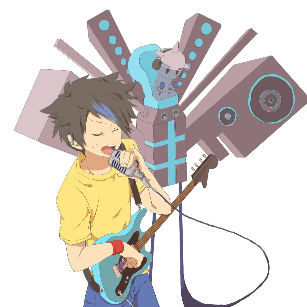 black_hair, closed_eyes, earrings, guitar, headphones, highlights, instrument, jewelry