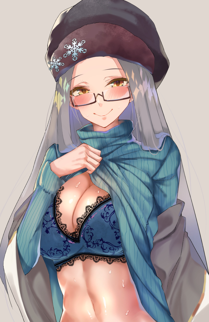 1girl, absurdres, azur_lane, blue_bra, blush, bra, breasts, cleavage, clothes_lift, glasses, grey_background, grey_hair, hat, highres, jacket, lace, lace-trimmed_bra, large_breasts, long_hair, long_sleeves, looking_at_viewer, midriff, navel, off_shoulder, ribbed_sweater, shangri-la_(azur_lane), simple_background, smile, snowflake_pin, solo, straight_hair, suushiki, sweat, sweater, sweater_lift, turtleneck, turtleneck_sweater, underwear, upper_body, yellow_eyes