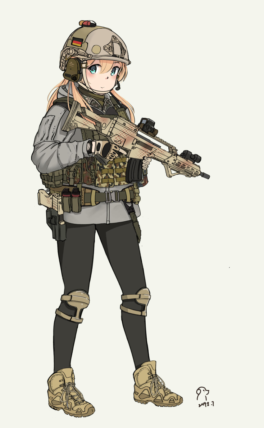 1girl, absurdres, assault_rifle, blonde_hair, blue_eyes, commentary, dabaizhao, full_body, german_flag, gloves, gun, h&amp;k_g36, handgun, headset, helmet, highres, holding, holding_gun, holding_weapon, holster, holstered_weapon, kantai_collection, knee_pads, load_bearing_vest, long_hair, military, pantyhose, partly_fingerless_gloves, pistol, prinz_eugen_(kantai_collection), rifle, simple_background, solo, weapon