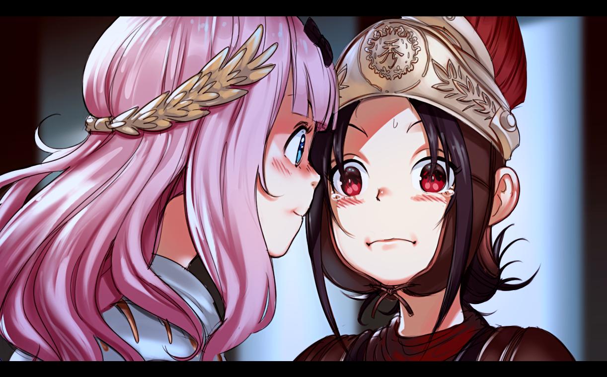 2girls, alternate_costume, amano-g, armor, black_border, black_hair, blue_eyes, blush_stickers