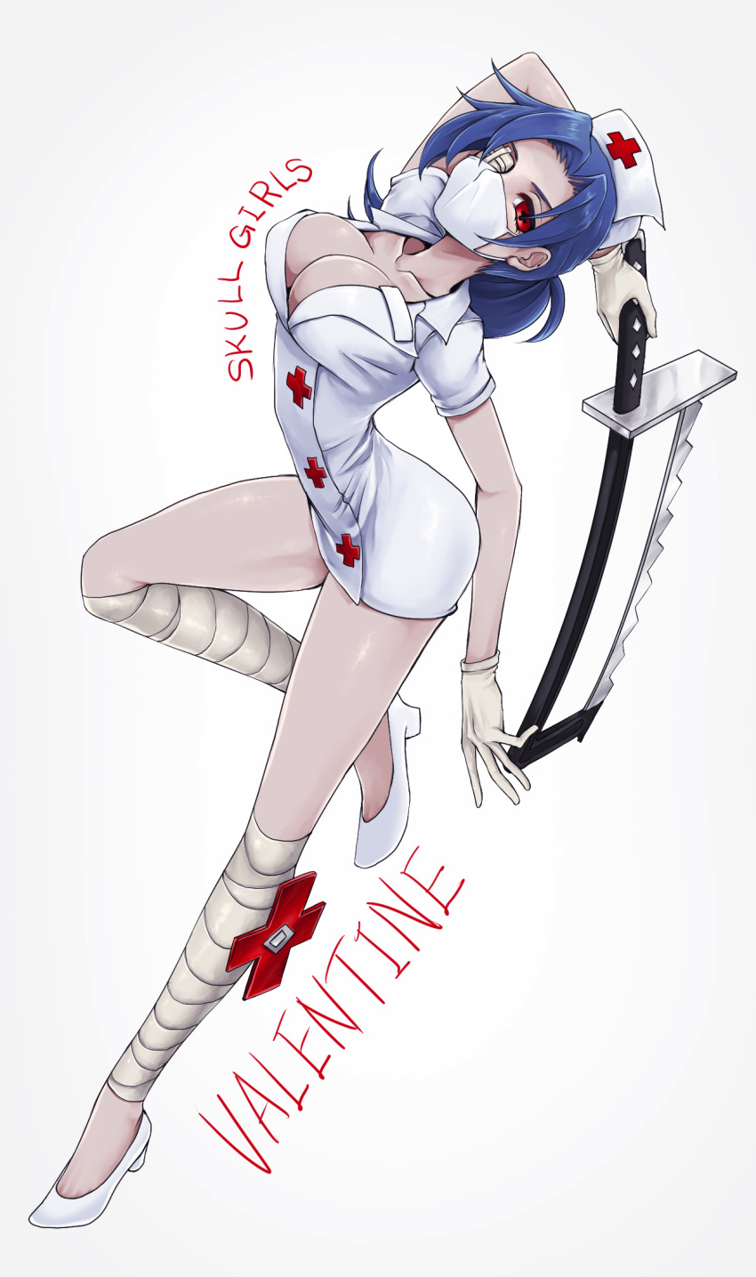 +_+, 1girl, arm_up, bandage, bandaged_leg, bandages, blue_hair, breasts, character_name, cleavage, collarbone, dress, eyepatch, full_body, gloves, hair_intakes, hat, high_heels, highres, holding, large_breasts, leg_up, looking_at_viewer, medical_eyepatch, minazukio9, nurse, nurse_cap, ponytail, red_cross, red_eyes, saw, shoes, short_dress, short_hair, short_sleeves, simple_background, skullgirls, solo, surgical_mask, symbol-shaped_pupils, valentine_(skullgirls), white_background, white_dress, white_footwear, white_hat