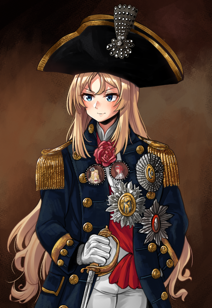 1girl, alternate_costume, ascot, black_hat, blonde_hair, blue_coat, blue_eyes, cosplay