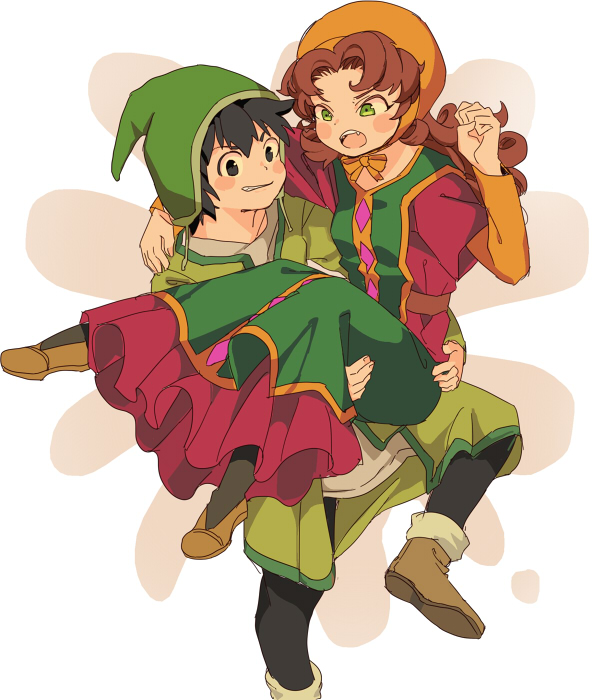 1boy, 1girl, breasts, commentary_request, curly_hair, dragon_quest, dragon_quest_vii, dress