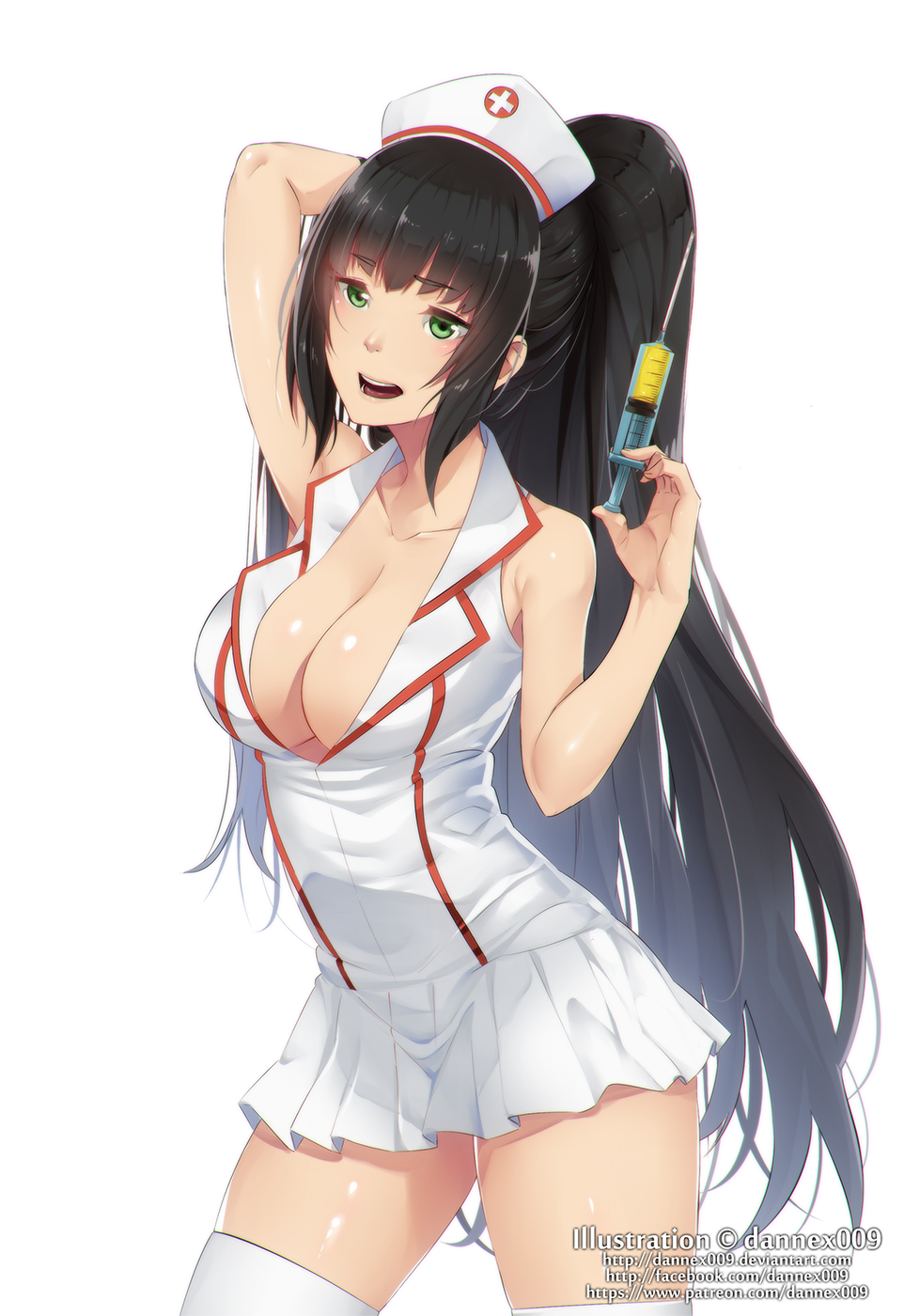 1girl, akali, armpit_peek, bangs, bare_shoulders, black_hair, breasts, cleavage, collarbone, cowboy_shot, dannex009, dress, green_eyes, hat, highres, large_breasts, league_of_legends, long_hair, looking_at_viewer, nurse, nurse_akali, nurse_cap, open_mouth, ponytail, sleeveless, sleeveless_dress, solo, syringe, thigh-highs, very_long_hair, watermark, web_address, white_legwear