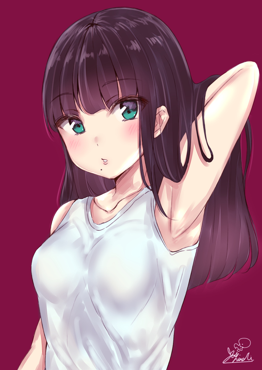 1girl, absurdres, aqua_eyes, arm_behind_back, arm_up, armpits, bangs, bare_arms, bare_shoulders, blush, breasts, collarbone, commentary_request, eyebrows_visible_through_hair, hand_in_hair, highres, kaya_(yoshina9), kurosawa_dia, long_hair, looking_at_viewer, love_live!, love_live!_sunshine!!, medium_breasts, mole, mole_under_mouth, parted_lips, purple_background, purple_hair, signature, simple_background, solo, tank_top, upper_body