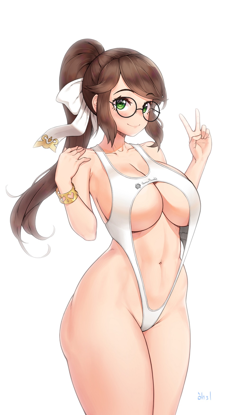 1girl, bangs, black-framed_eyewear, blush, bow, bracelet, breasts, brown_hair