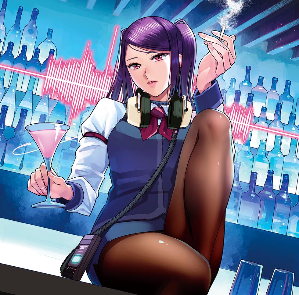 1girl, alcohol, bangs, bar, bartender, black_legwear, cigarette, cocktail_glass, commentary_request, counter, cup, drinking_glass, hayakawa_pao, headphones, headphones_around_neck, holding, holding_cup, indoors, julianne_stingray, long_hair, long_sleeves, looking_at_viewer, pantyhose, purple_hair, red_eyes, smoke, smoking, solo, swept_bangs, twintails, va-11_hall-a