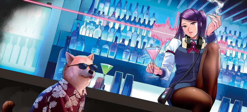 1girl, alcohol, animal, bangs, bar, bartender, black_legwear, cigarette