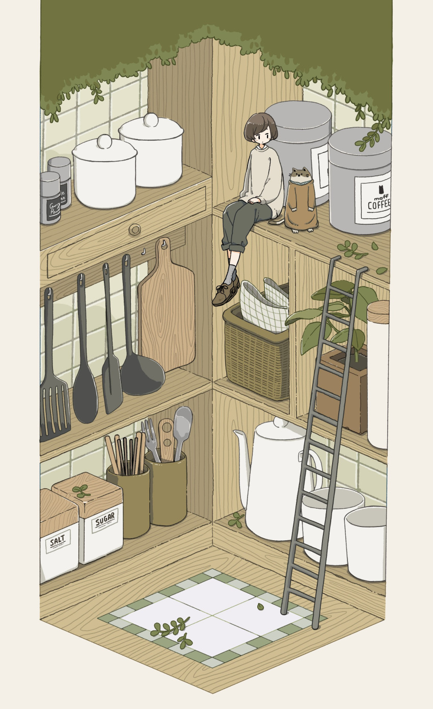1girl, absurdres, animal, bangs, basket, brown_footwear, brown_hair, capri_pants, cat, chopsticks, clothed_animal, coffee, cup, cutting_board, english_text, foot_dangle, fork, grey_legwear, hand_on_lap, highres, isometric, jar, ladder, ladle, leaf, loafers, long_sleeves, looking_at_another, looking_to_the_side, no_nose, on_shelf, original, oversized_object, pants, plant, potted_plant, shelf, shoes, short_hair, sitting, socks, spatula, spoon, tameikirakuda, teapot, wide_shot, |_|