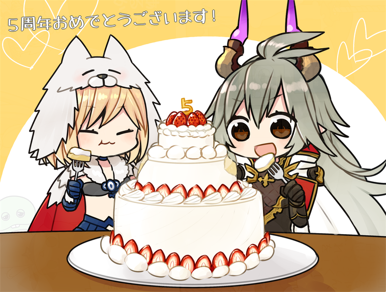 2girls, :3, =_=, ahoge, berserker_(granblue_fantasy), blonde_hair, breasts, brown_eyes