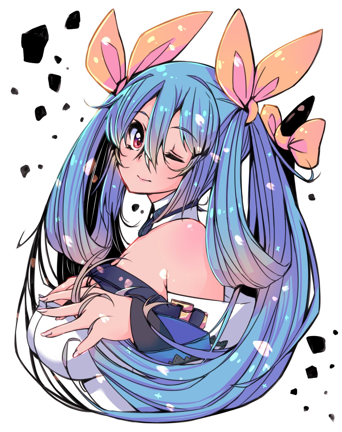 1girl, bare_shoulders, beltbra, blue_hair, bow, breasts, choker, closed_mouth