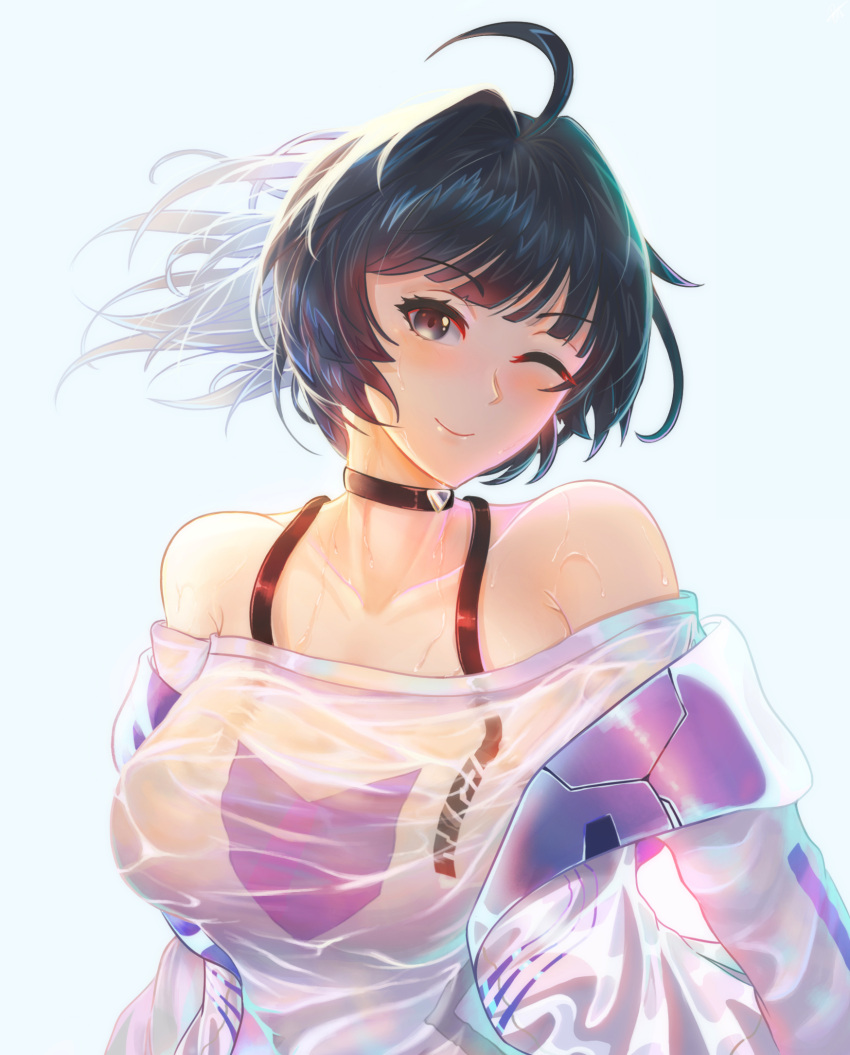 1girl, bangs, bare_shoulders, billy_gulliano, blue_background, blush, braid, breasts, choker, closed_mouth, collarbone, dress, eyebrows_visible_through_hair, floating_hair, hair_ornament, highres, honkai_(series), jacket, large_breasts, long_hair, looking_at_viewer, off-shoulder_dress, off_shoulder, one_eye_closed, open_clothes, open_jacket, ponytail, purple_hair, raiden_mei, raiden_mei_(striker_fulminata), sidelocks, simple_background, smile, solo, violet_eyes, wet