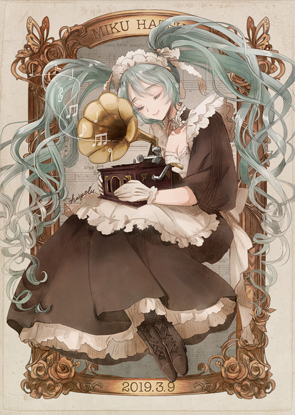 39, alternate_costume, apron, aqua_hair, beamed_eighth_notes, black_dress, boots, breasts
