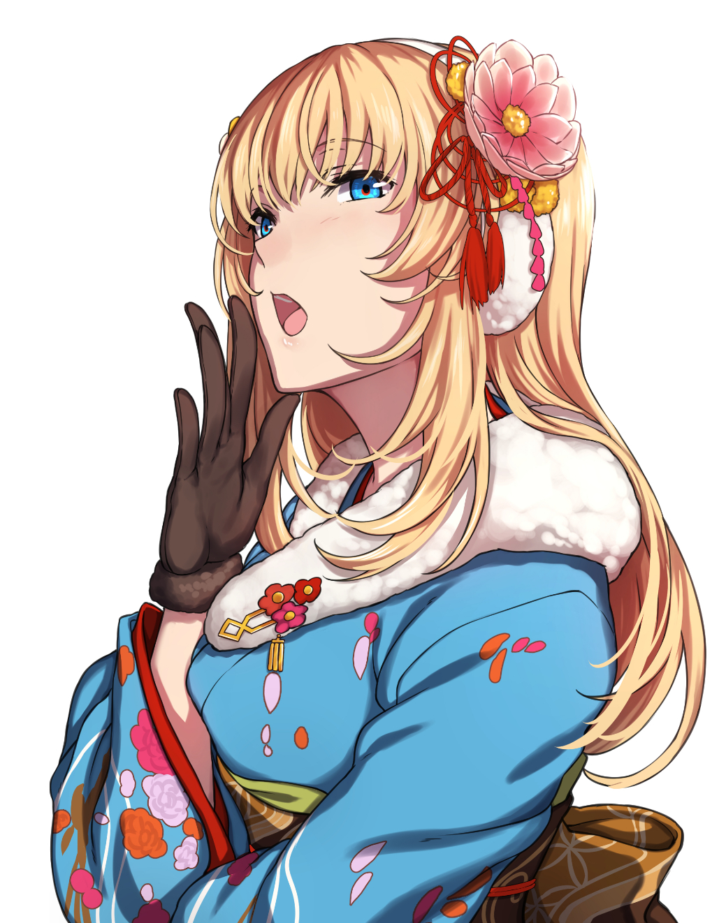 1girl, alternate_costume, blonde_hair, blue_eyes, blue_kimono, brown_gloves, earmuffs, evelysse_(star_ocean)