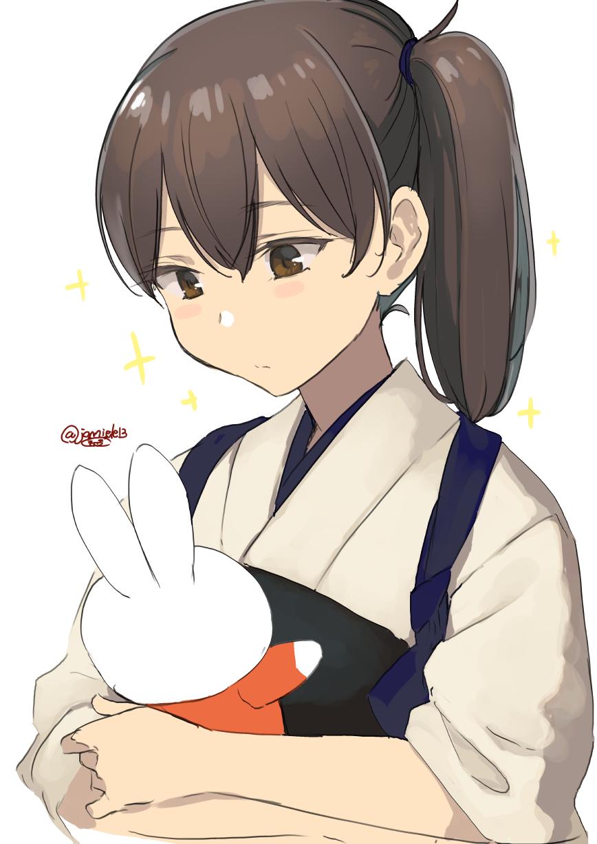 1girl, brown_eyes, brown_hair, doll, highres, holding, holding_doll, japanese_clothes