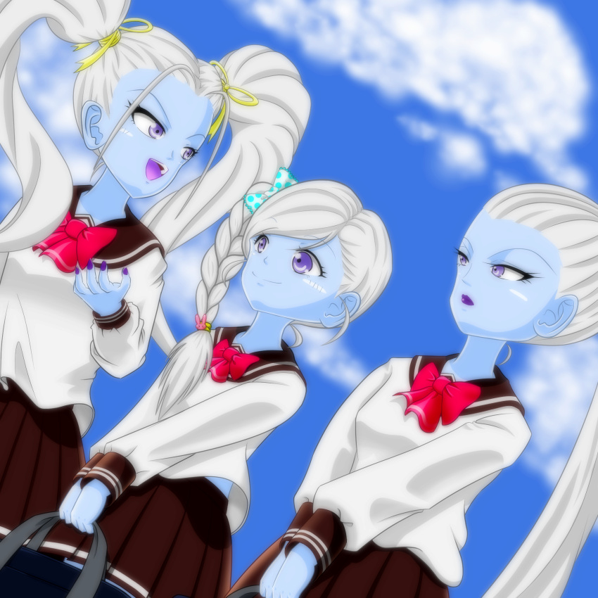3girls, :d, alternate_costume, bag, blue_skin, bow, braid, brown_skirt