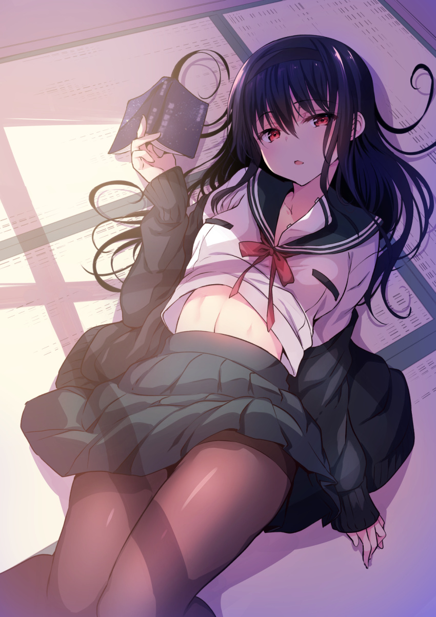 1girl, black_cardigan, black_hair, black_sailor_collar, black_skirt, book, breasts, brown_legwear