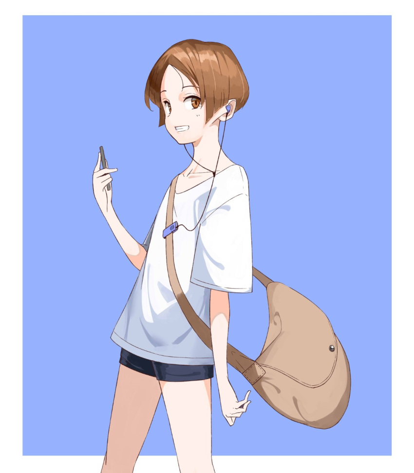 1girl, arm_at_side, arm_up, bag, black_shorts, brown_eyes, brown_hair, cicari