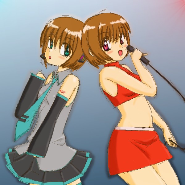 back_to_back, brown_hair, cosplay, green_eyes, hatsune_miku, hatsune_miku_(cosplay), mecha_rinrin, mecha_rinrin_(sister_princess), meiko, meiko_(cosplay), midriff, red_eyes, rinrin, rinrin_(sister_princess), short_hair, sister_princess, vocaloid