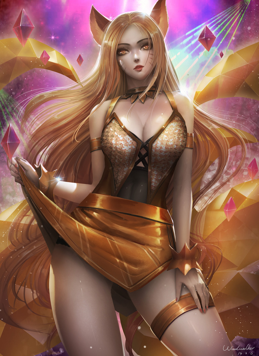 1girl, ahri, animal_ears, bare_shoulders, blonde_hair, bracelet, breasts, choker