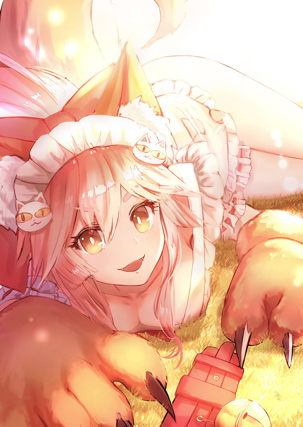 1girl, animal_ear_fluff, animal_ears, apron, bangs, bare_shoulders, bell, bell_collar