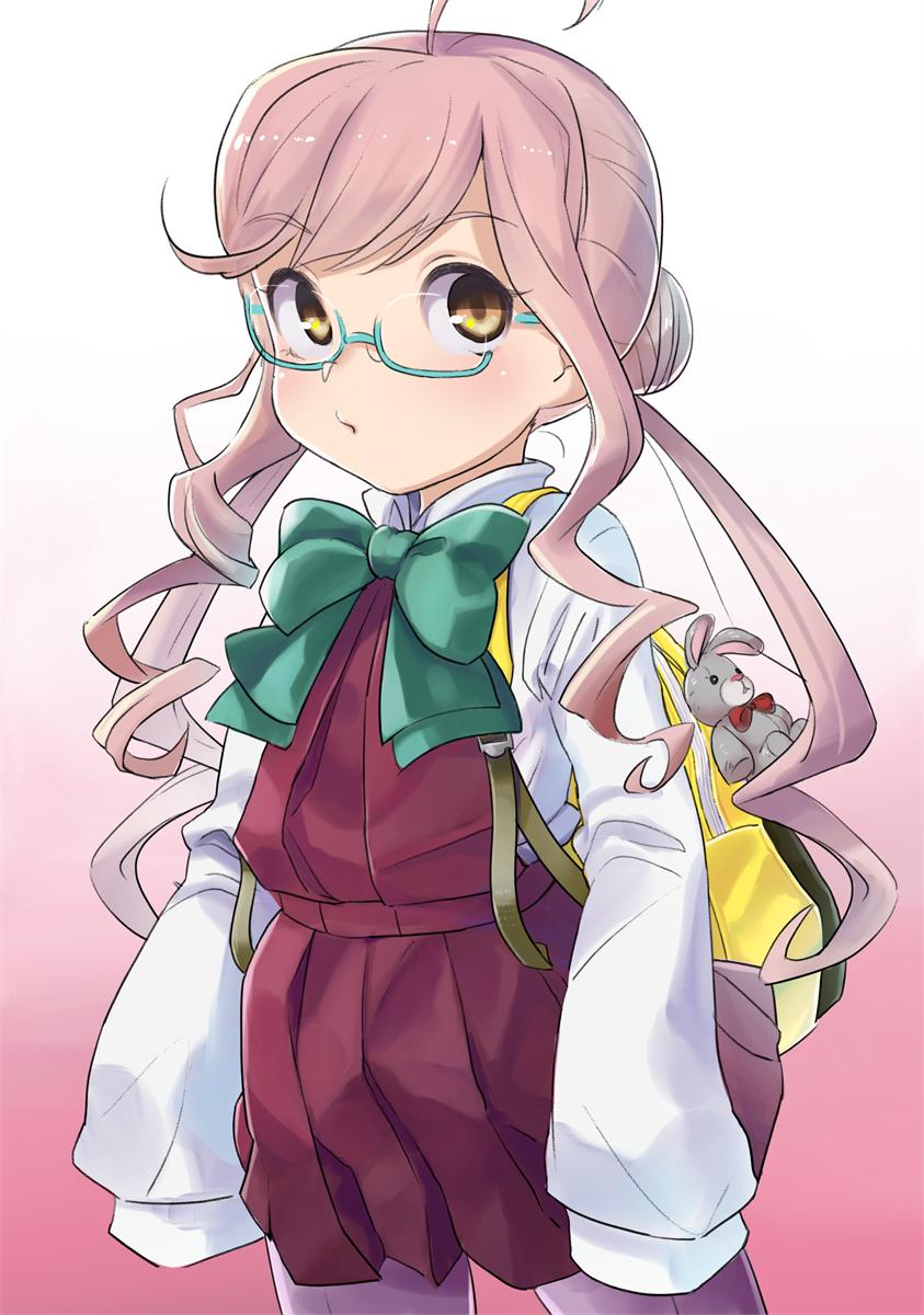 1girl, aqua-framed_eyewar, backpack, bag, bow, bowtie, commentary_request, cowboy_shot